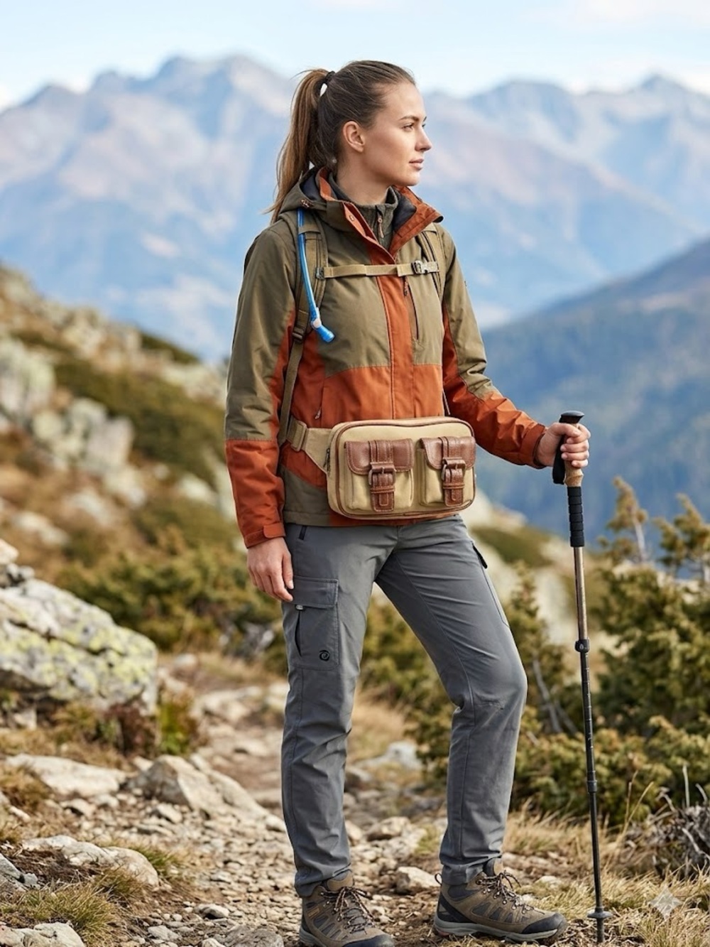 Canvas Leather-Trim Waist Bag — Tan & Brown